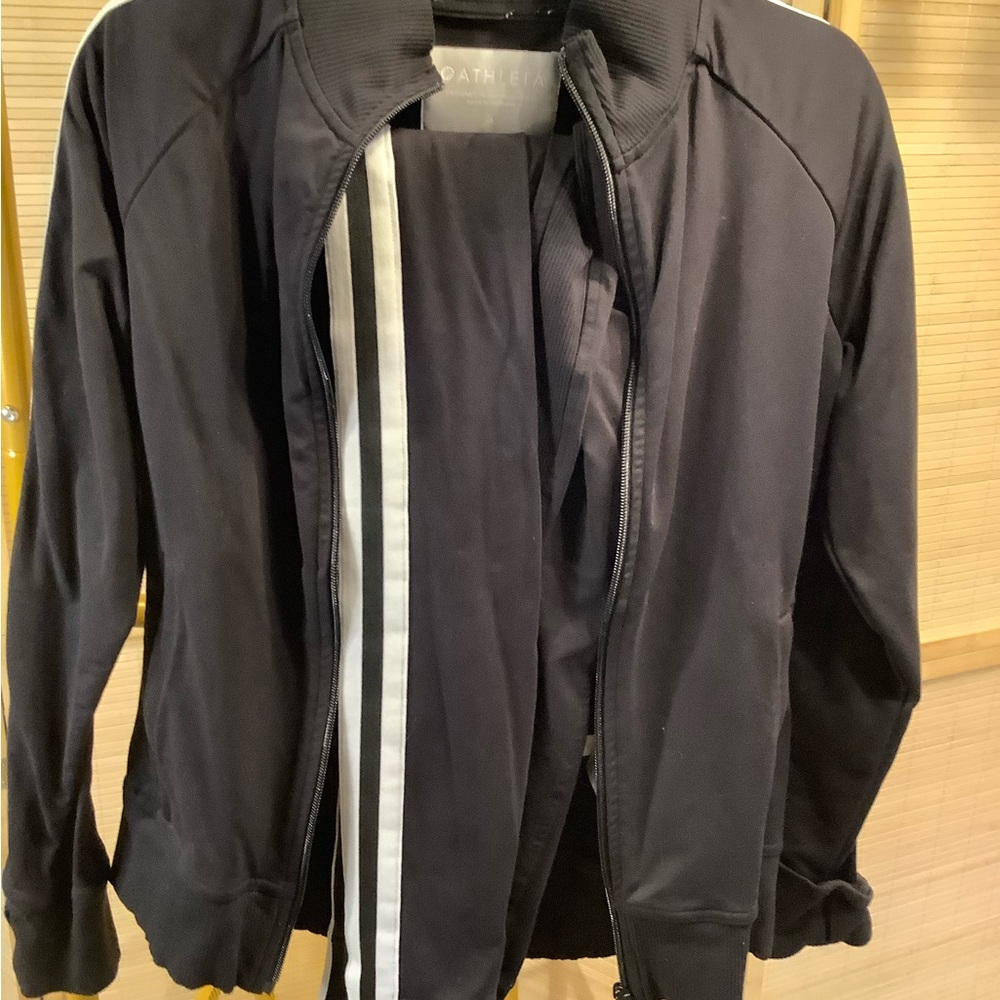 Athleta Black Track Jacket and Jogger Set with White Racing Stripe